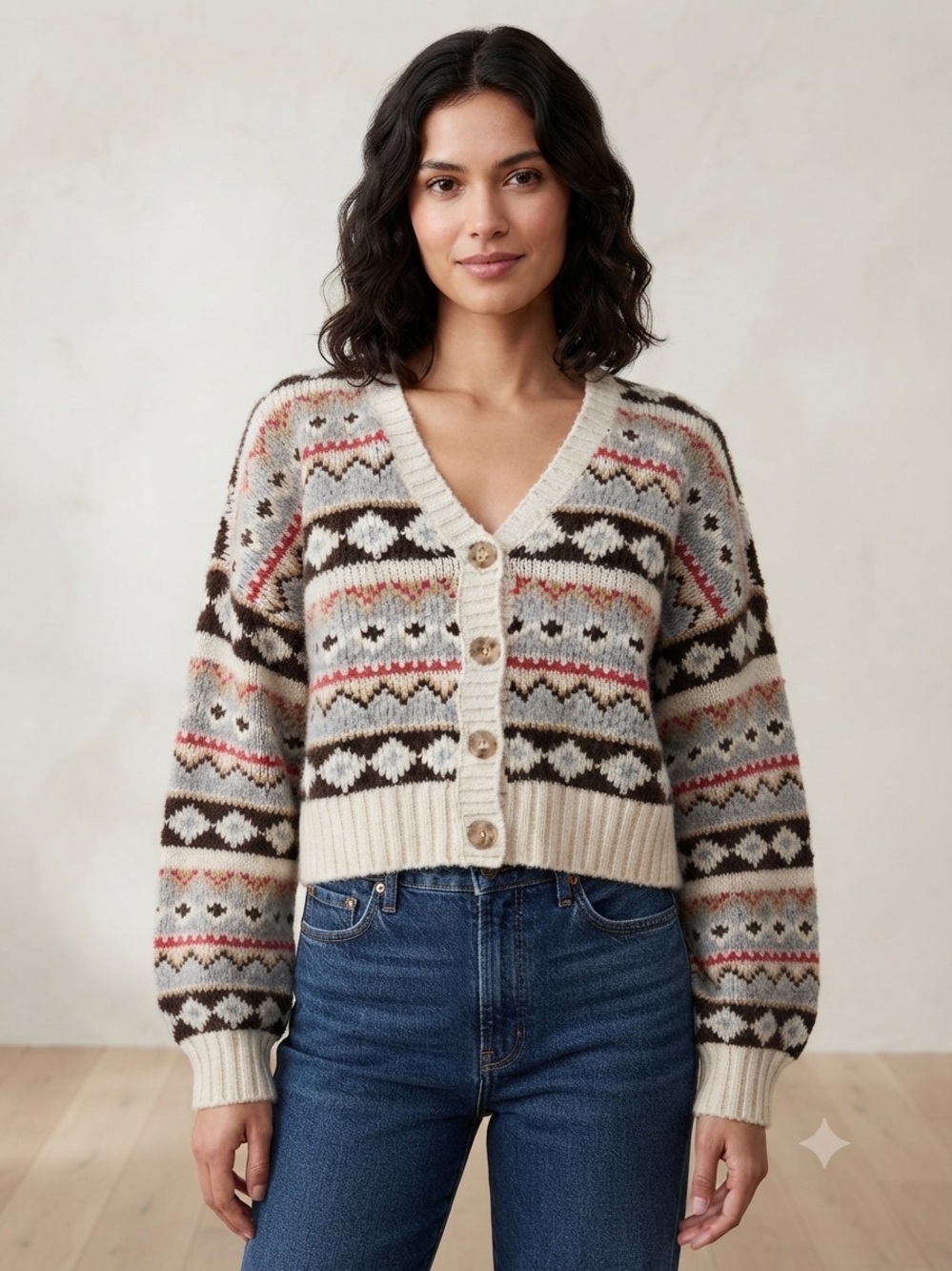 American Eagle Outfitters Cropped Fair Isle Cardigan - Cream, Brown, Pink